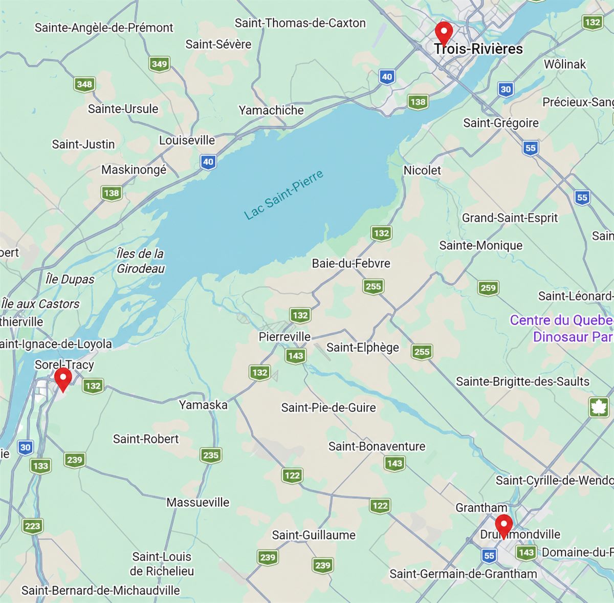 Carte des secteurs desservis entre Sorel-Tracy, Drummondville et Trois-Rivières