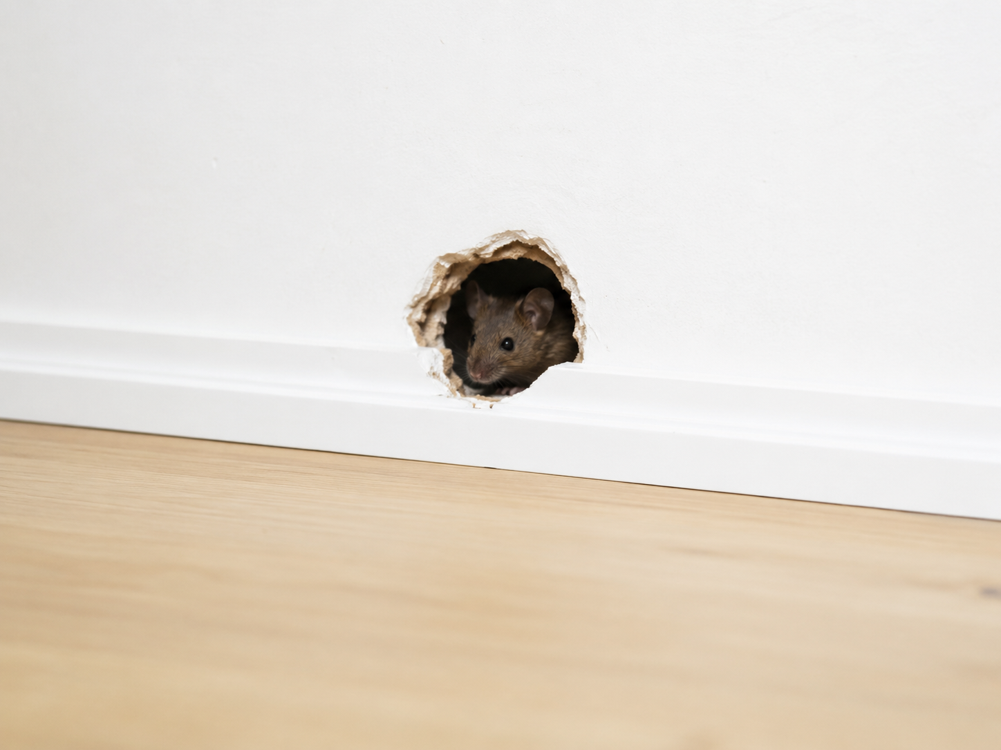Souris visible dans une ouverture de mur intérieur