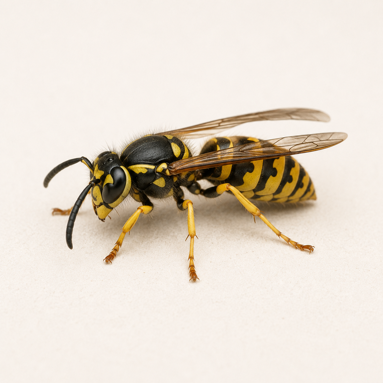 Guêpe jaune et noire identifiable en gros plan